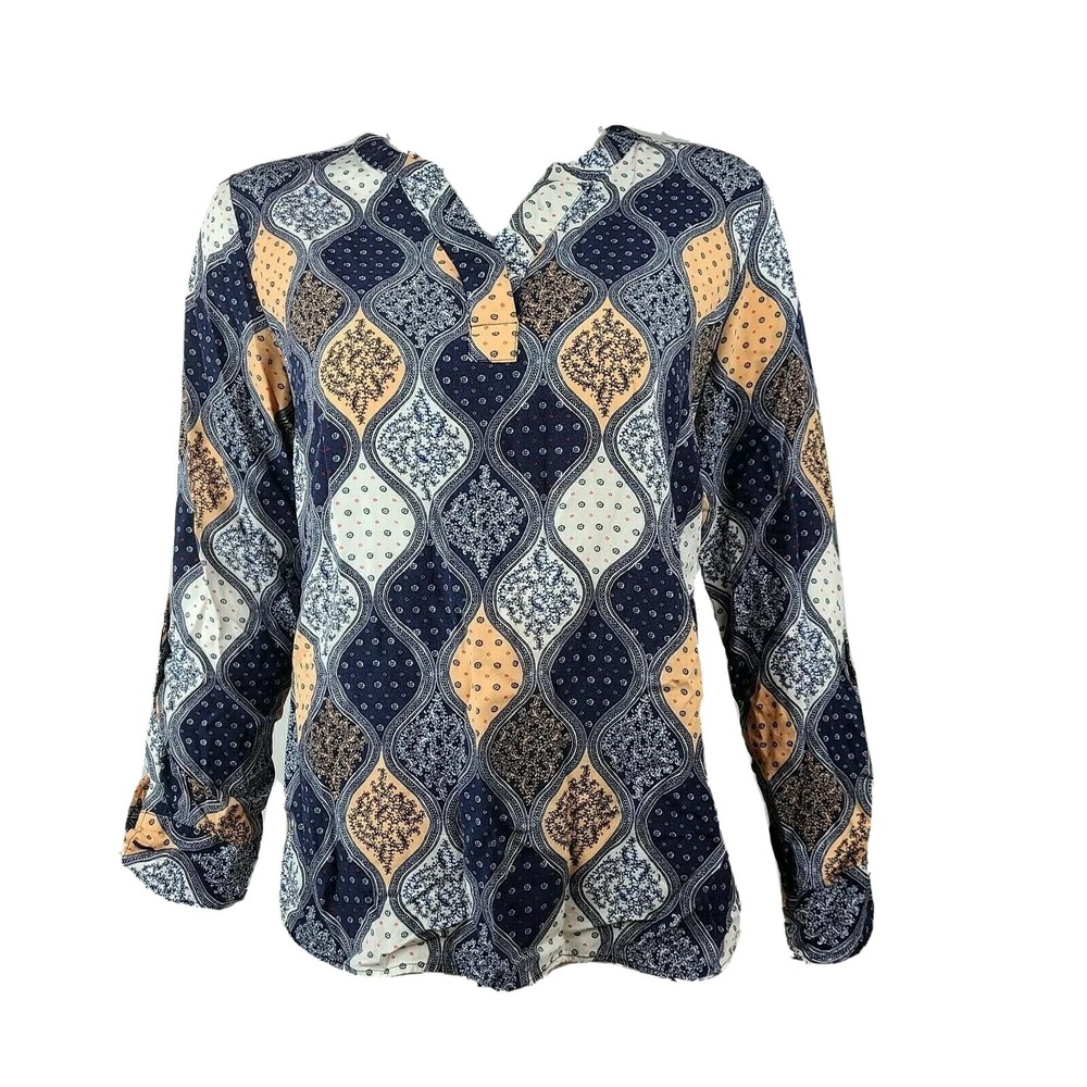 Talbots Top Womens Size S Small Blue Orange Patchwork Boho Long Sleeve Casual - Picture 1 of 6